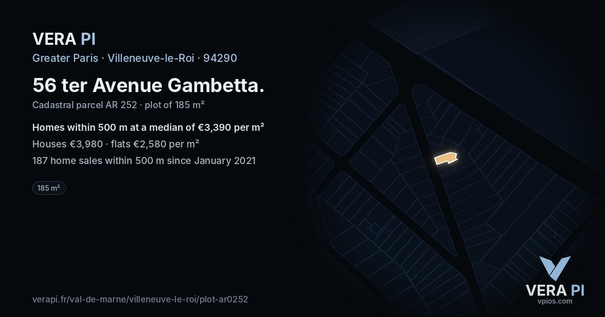 56 ter Avenue Gambetta, Villeneuve-le-Roi at night – the plot lit, the parcels around coloured by the prices near them