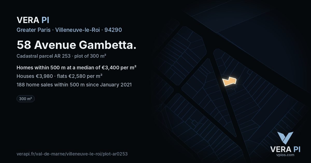 58 Avenue Gambetta, Villeneuve-le-Roi at night – the plot lit, the parcels around coloured by the prices near them