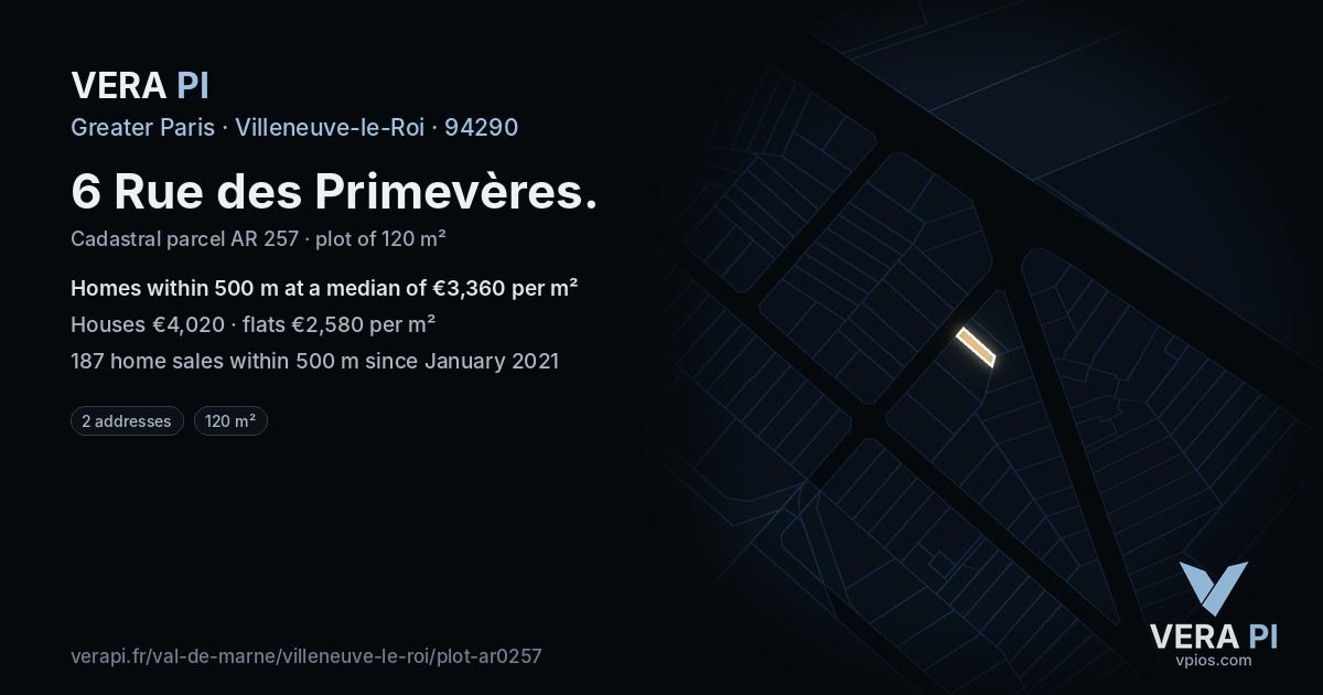 6 Rue des Primevères, Villeneuve-le-Roi at night – the plot lit, the parcels around coloured by the prices near them