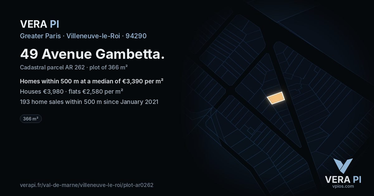 49 Avenue Gambetta, Villeneuve-le-Roi at night – the plot lit, the parcels around coloured by the prices near them