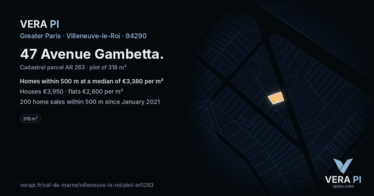 47 Avenue Gambetta, Villeneuve-le-Roi at night – the plot lit, the parcels around coloured by the prices near them
