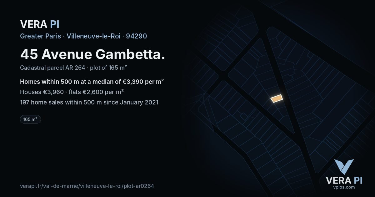 45 Avenue Gambetta, Villeneuve-le-Roi at night – the plot lit, the parcels around coloured by the prices near them