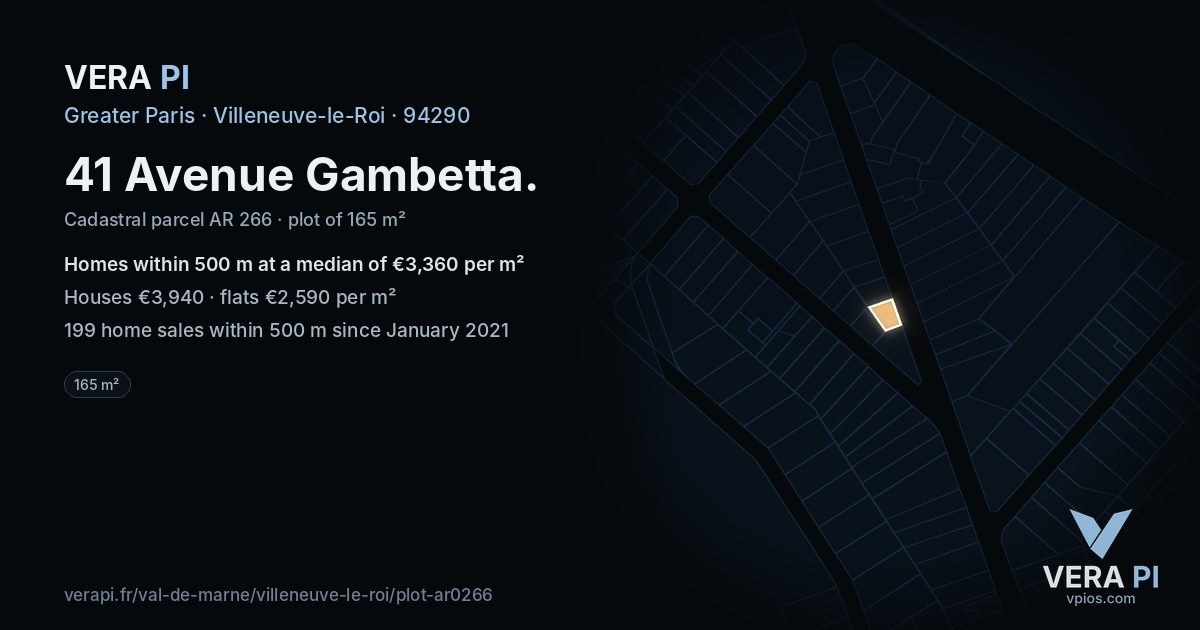41 Avenue Gambetta, Villeneuve-le-Roi at night – the plot lit, the parcels around coloured by the prices near them