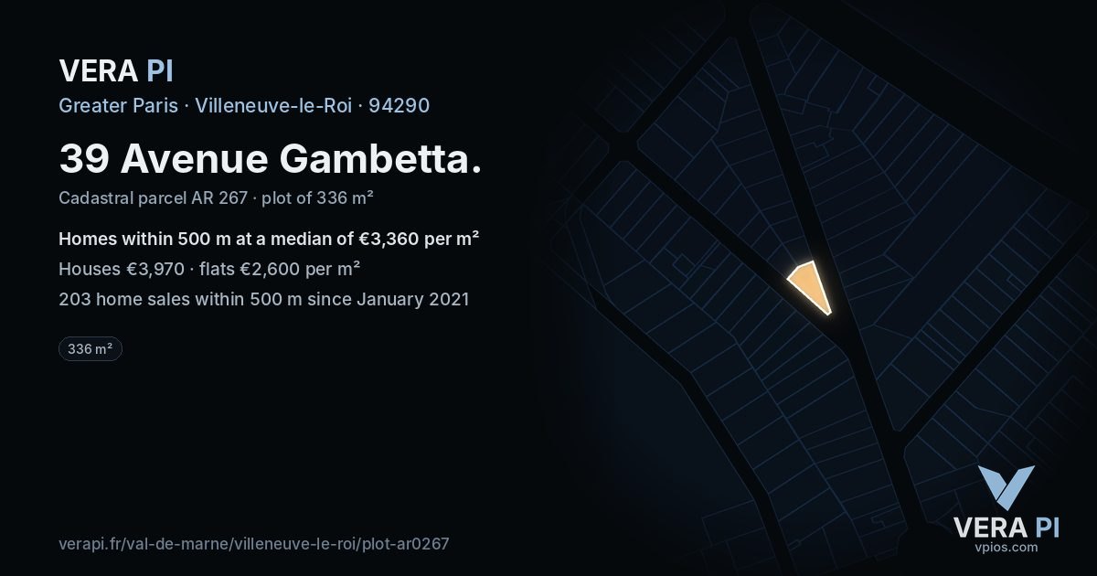 39 Avenue Gambetta, Villeneuve-le-Roi at night – the plot lit, the parcels around coloured by the prices near them