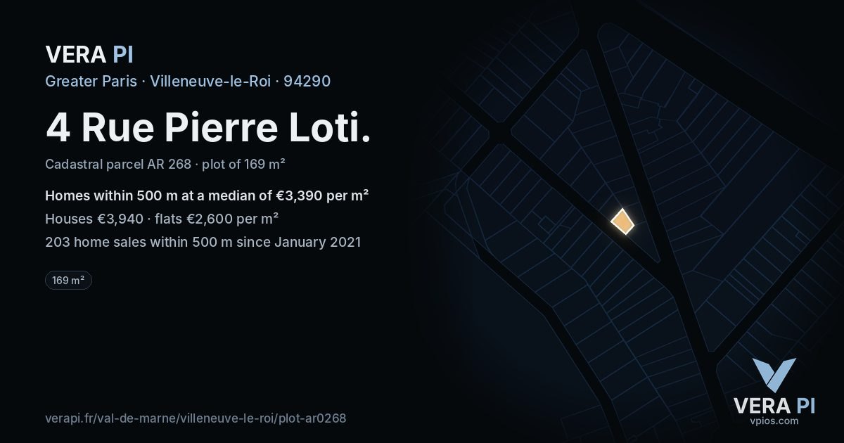 4 Rue Pierre Loti, Villeneuve-le-Roi at night – the plot lit, the parcels around coloured by the prices near them