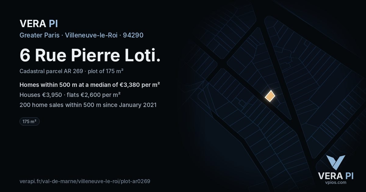 6 Rue Pierre Loti, Villeneuve-le-Roi at night – the plot lit, the parcels around coloured by the prices near them