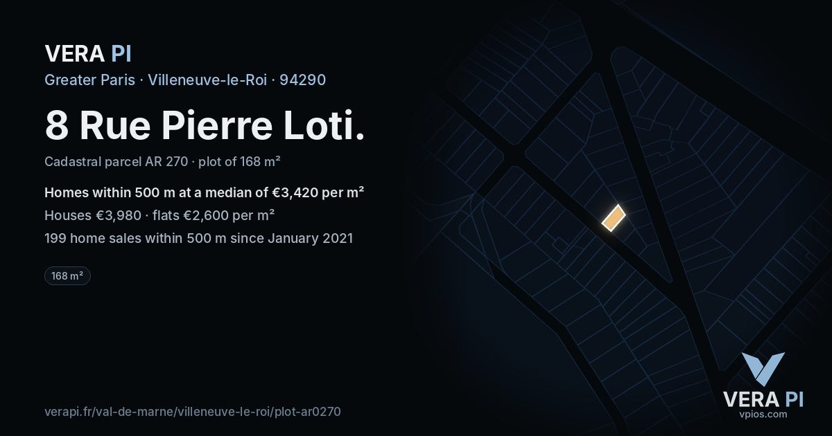 8 Rue Pierre Loti, Villeneuve-le-Roi at night – the plot lit, the parcels around coloured by the prices near them