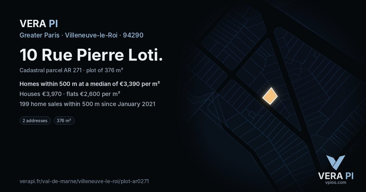 10 Rue Pierre Loti, Villeneuve-le-Roi at night – the plot lit, the parcels around coloured by the prices near them