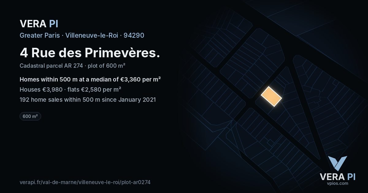 4 Rue des Primevères, Villeneuve-le-Roi at night – the plot lit, the parcels around coloured by the prices near them