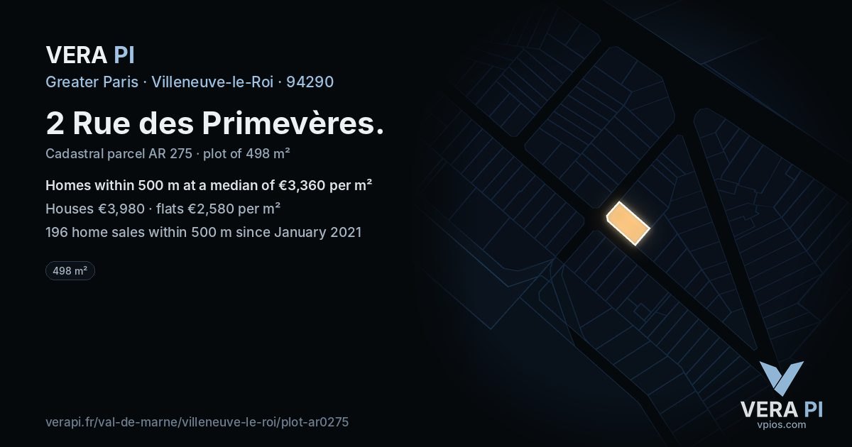 2 Rue des Primevères, Villeneuve-le-Roi at night – the plot lit, the parcels around coloured by the prices near them