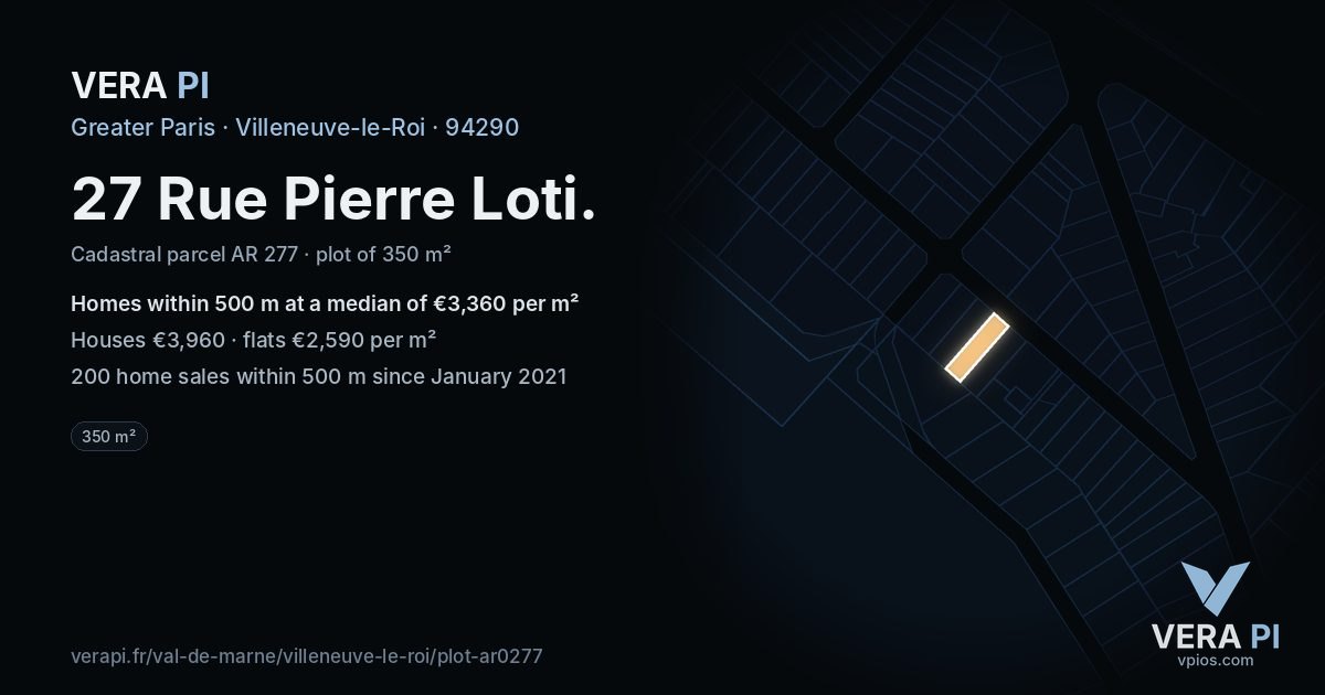 27 Rue Pierre Loti, Villeneuve-le-Roi at night – the plot lit, the parcels around coloured by the prices near them