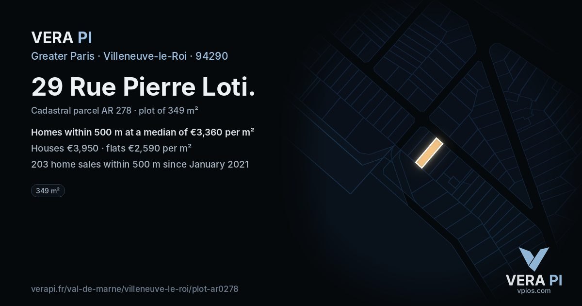 29 Rue Pierre Loti, Villeneuve-le-Roi at night – the plot lit, the parcels around coloured by the prices near them