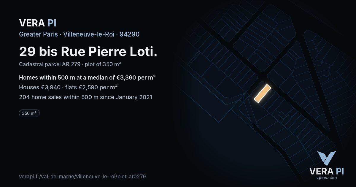 29 bis Rue Pierre Loti, Villeneuve-le-Roi at night – the plot lit, the parcels around coloured by the prices near them