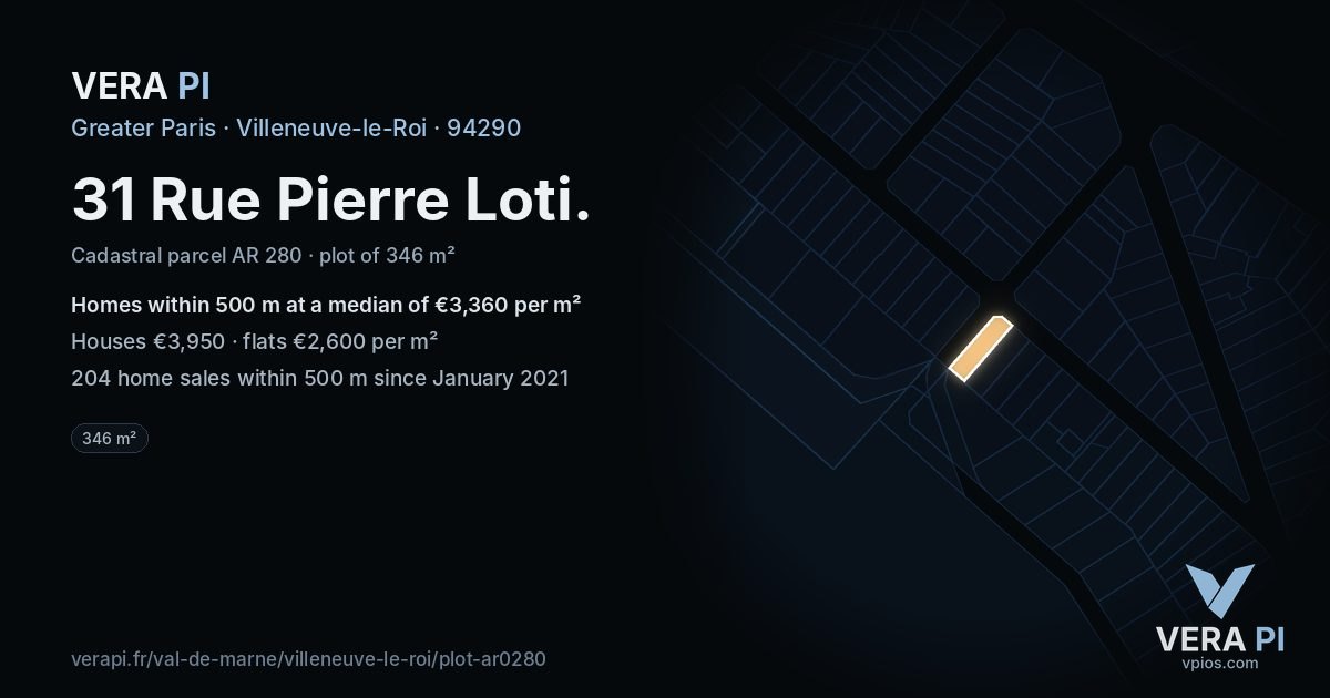 31 Rue Pierre Loti, Villeneuve-le-Roi at night – the plot lit, the parcels around coloured by the prices near them