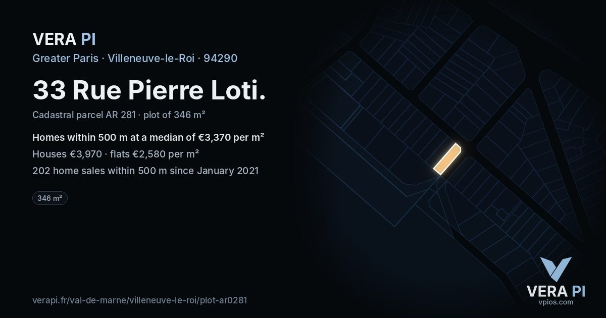 33 Rue Pierre Loti, Villeneuve-le-Roi at night – the plot lit, the parcels around coloured by the prices near them