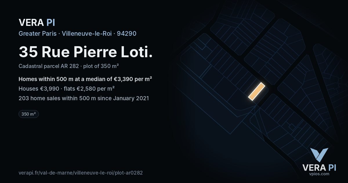 35 Rue Pierre Loti, Villeneuve-le-Roi at night – the plot lit, the parcels around coloured by the prices near them