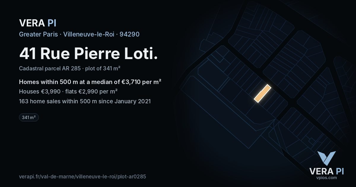 41 Rue Pierre Loti, Villeneuve-le-Roi at night – the plot lit, the parcels around coloured by the prices near them