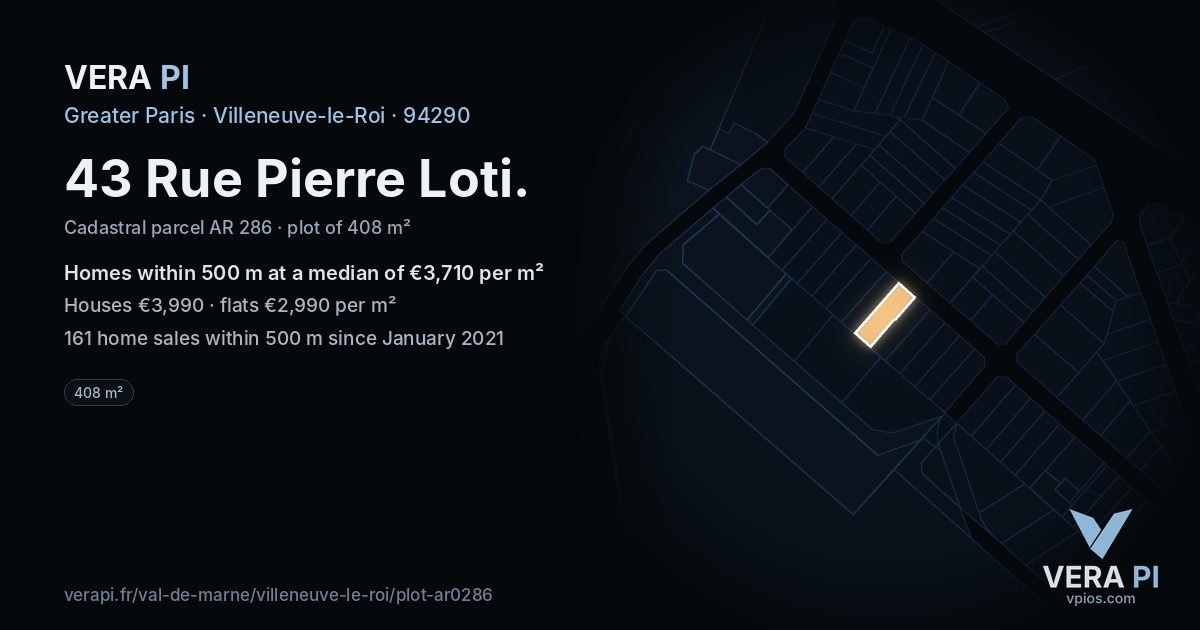 43 Rue Pierre Loti, Villeneuve-le-Roi at night – the plot lit, the parcels around coloured by the prices near them