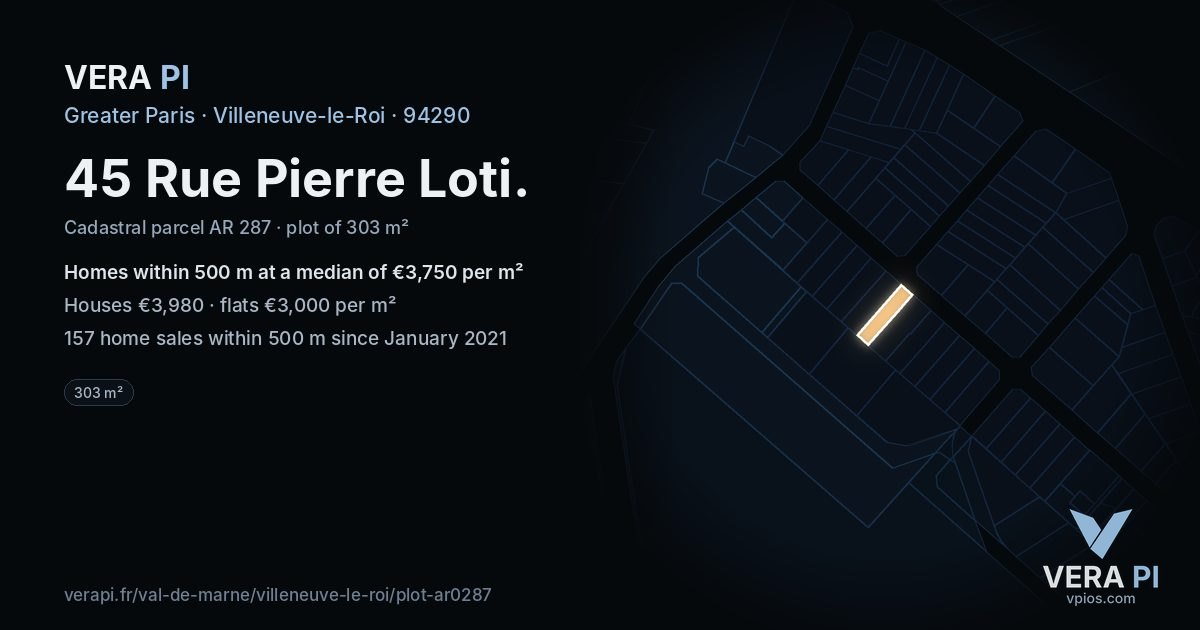 45 Rue Pierre Loti, Villeneuve-le-Roi at night – the plot lit, the parcels around coloured by the prices near them