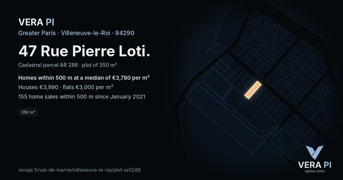 47 Rue Pierre Loti, Villeneuve-le-Roi at night – the plot lit, the parcels around coloured by the prices near them