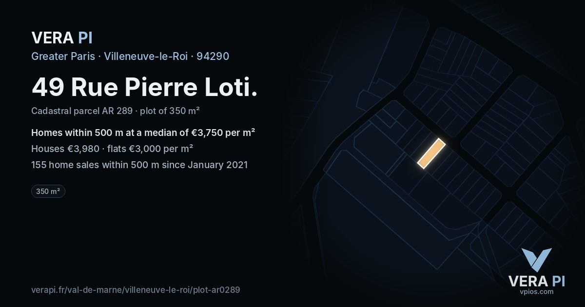 49 Rue Pierre Loti, Villeneuve-le-Roi at night – the plot lit, the parcels around coloured by the prices near them
