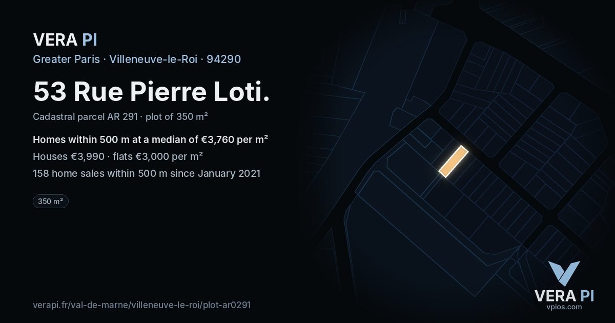 53 Rue Pierre Loti, Villeneuve-le-Roi at night – the plot lit, the parcels around coloured by the prices near them