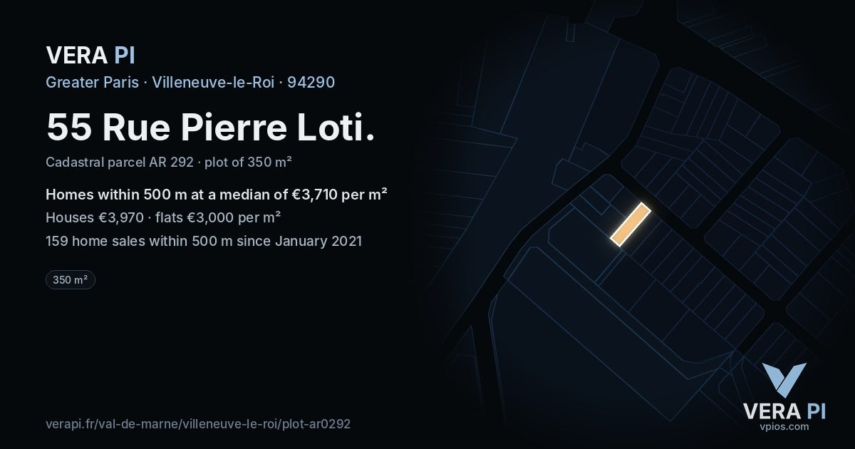 55 Rue Pierre Loti, Villeneuve-le-Roi at night – the plot lit, the parcels around coloured by the prices near them