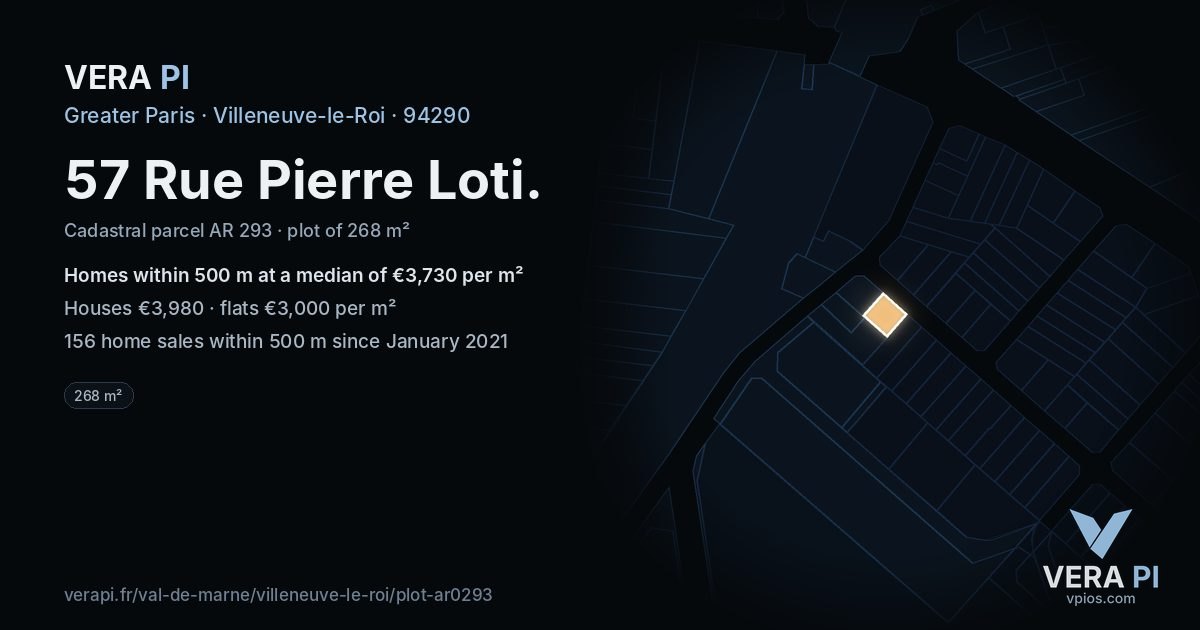 57 Rue Pierre Loti, Villeneuve-le-Roi at night – the plot lit, the parcels around coloured by the prices near them