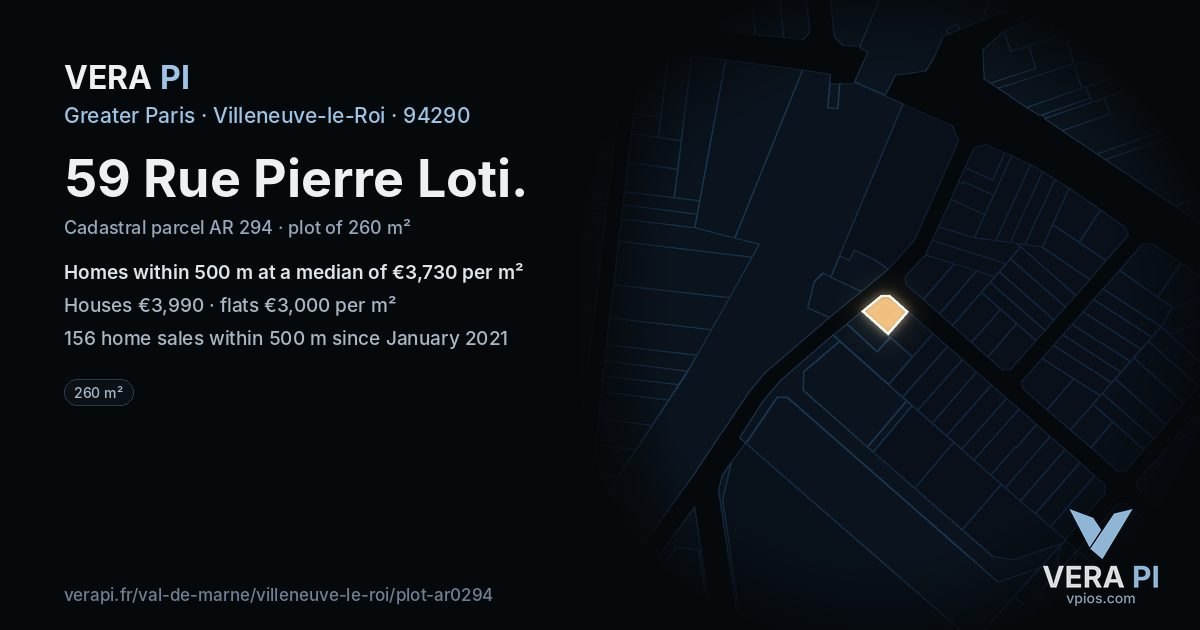 59 Rue Pierre Loti, Villeneuve-le-Roi at night – the plot lit, the parcels around coloured by the prices near them