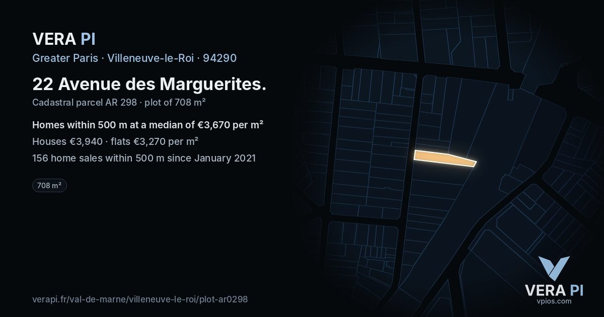 22 Avenue des Marguerites, Villeneuve-le-Roi at night – the plot lit, the parcels around coloured by the prices near them