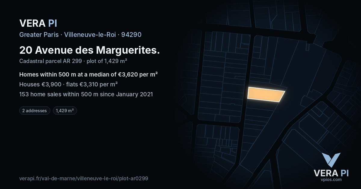 20 Avenue des Marguerites, Villeneuve-le-Roi at night – the plot lit, the parcels around coloured by the prices near them
