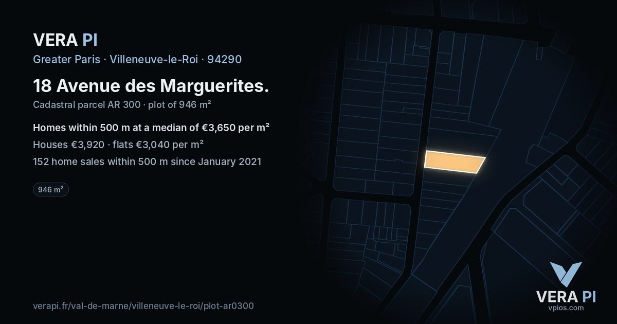 18 Avenue des Marguerites, Villeneuve-le-Roi at night – the plot lit, the parcels around coloured by the prices near them