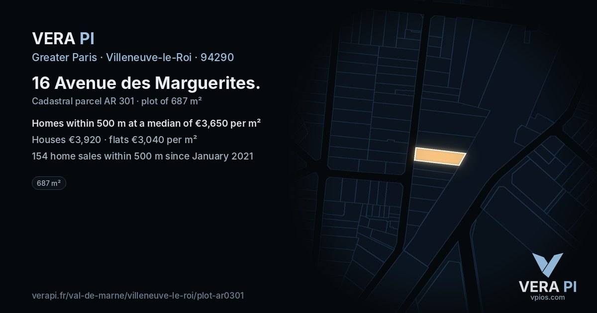 16 Avenue des Marguerites, Villeneuve-le-Roi at night – the plot lit, the parcels around coloured by the prices near them