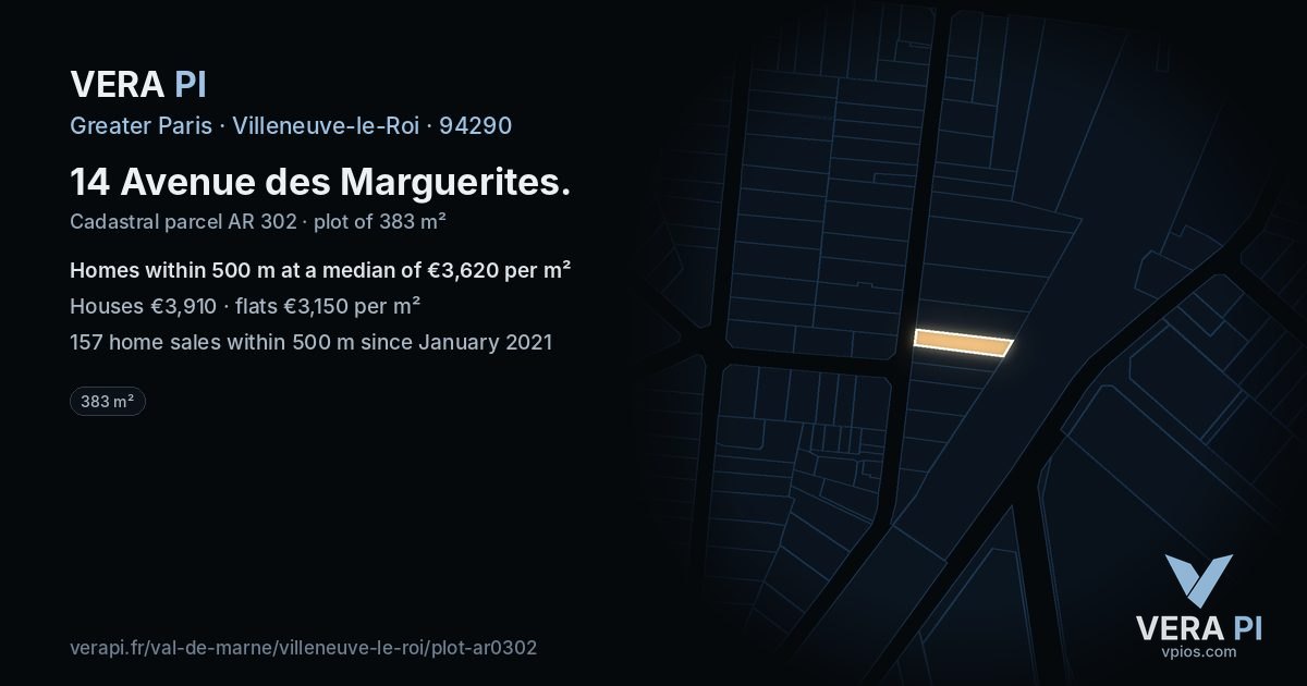 14 Avenue des Marguerites, Villeneuve-le-Roi at night – the plot lit, the parcels around coloured by the prices near them