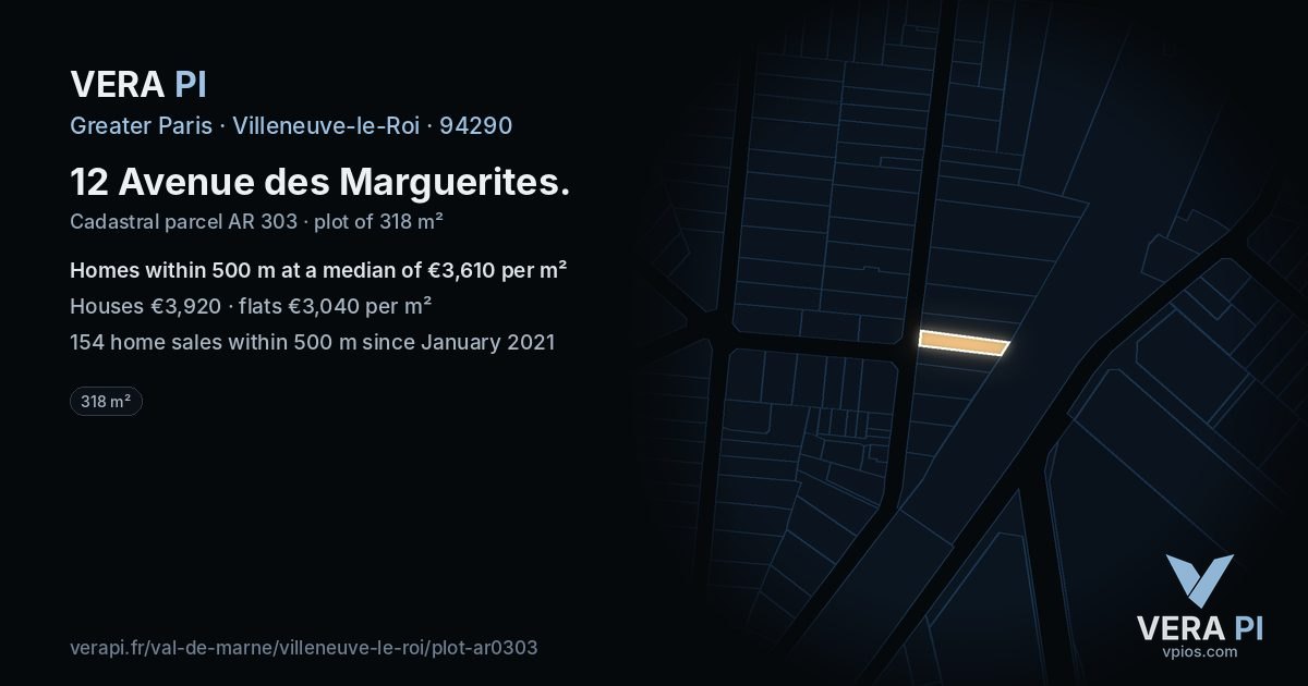 12 Avenue des Marguerites, Villeneuve-le-Roi at night – the plot lit, the parcels around coloured by the prices near them