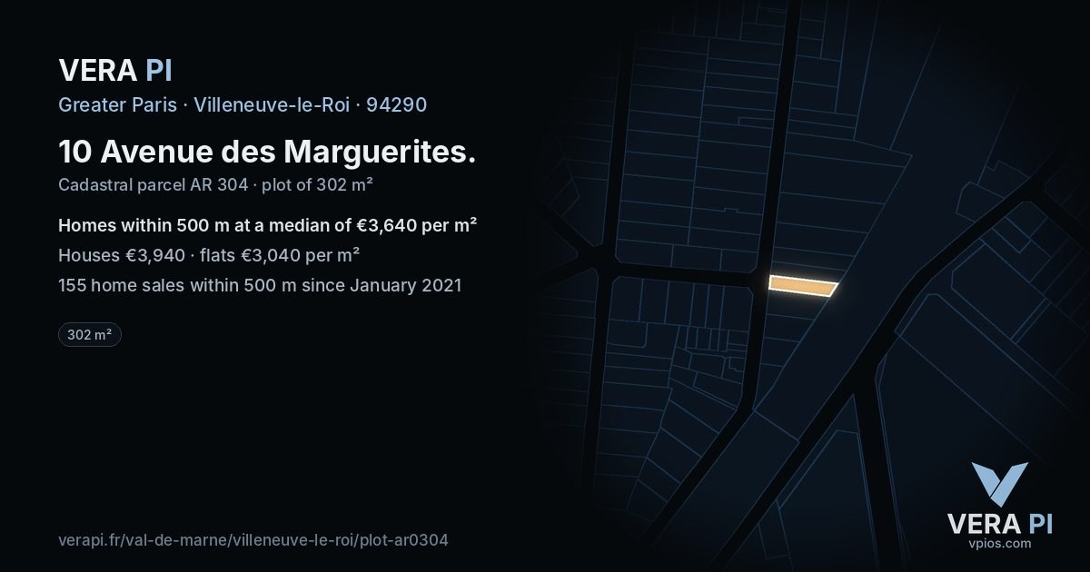 10 Avenue des Marguerites, Villeneuve-le-Roi at night – the plot lit, the parcels around coloured by the prices near them