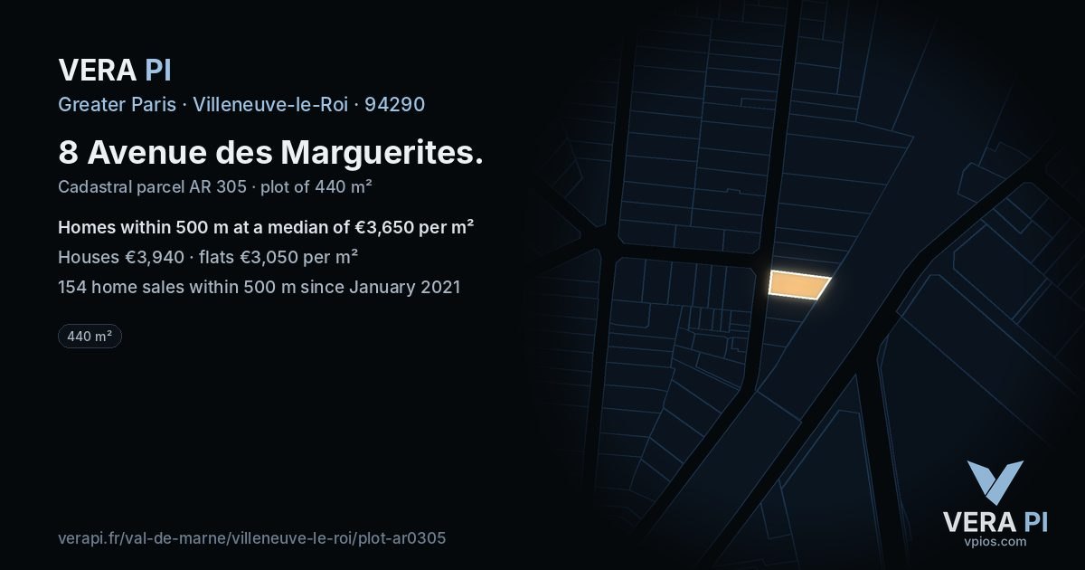 8 Avenue des Marguerites, Villeneuve-le-Roi at night – the plot lit, the parcels around coloured by the prices near them