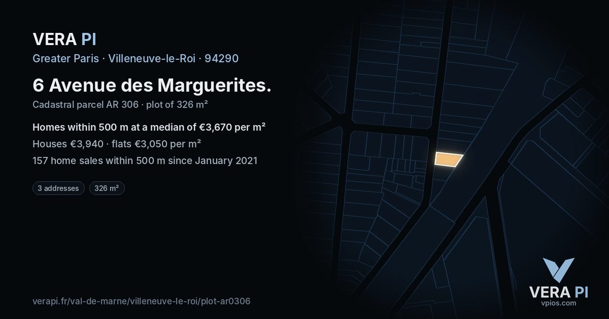 6 Avenue des Marguerites, Villeneuve-le-Roi at night – the plot lit, the parcels around coloured by the prices near them