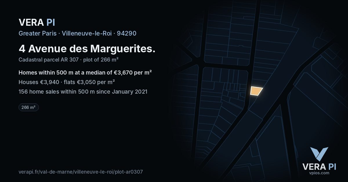 4 Avenue des Marguerites, Villeneuve-le-Roi at night – the plot lit, the parcels around coloured by the prices near them