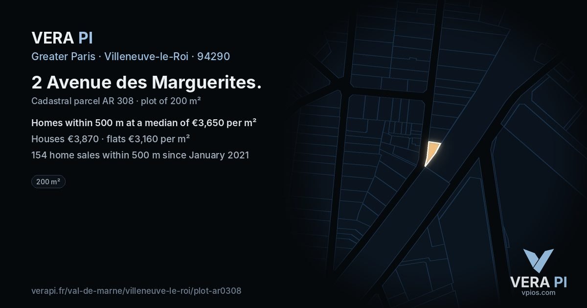 2 Avenue des Marguerites, Villeneuve-le-Roi at night – the plot lit, the parcels around coloured by the prices near them