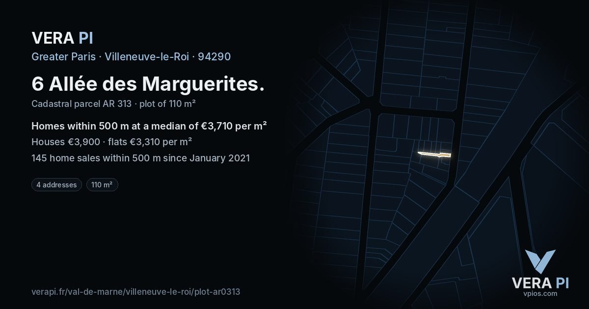 6 Allée des Marguerites, Villeneuve-le-Roi at night – the plot lit, the parcels around coloured by the prices near them