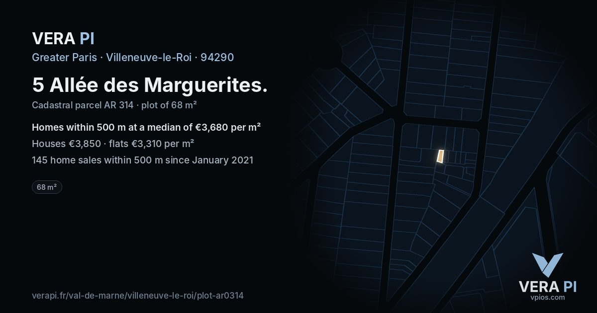 5 Allée des Marguerites, Villeneuve-le-Roi at night – the plot lit, the parcels around coloured by the prices near them