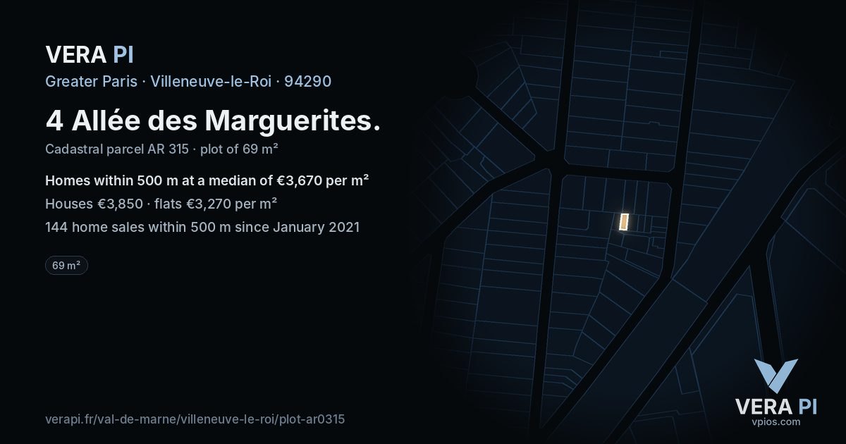 4 Allée des Marguerites, Villeneuve-le-Roi at night – the plot lit, the parcels around coloured by the prices near them
