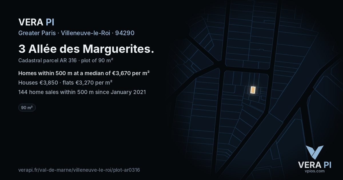 3 Allée des Marguerites, Villeneuve-le-Roi at night – the plot lit, the parcels around coloured by the prices near them
