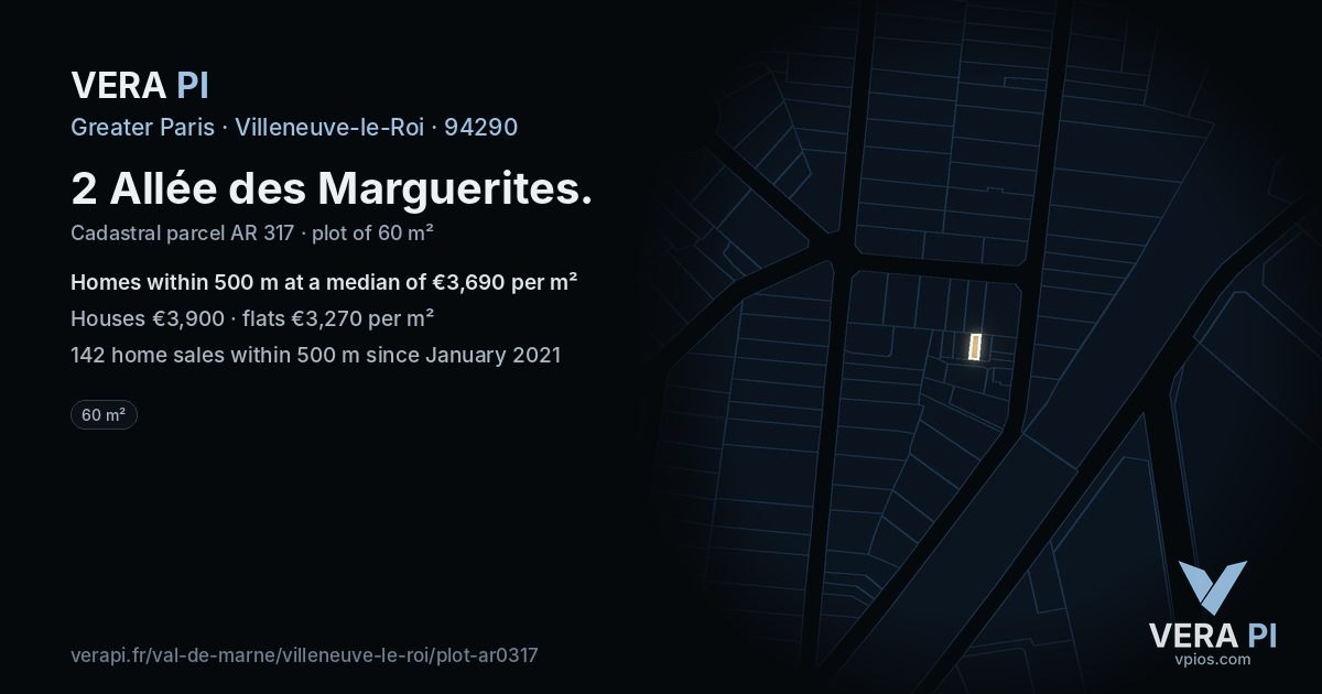 2 Allée des Marguerites, Villeneuve-le-Roi at night – the plot lit, the parcels around coloured by the prices near them