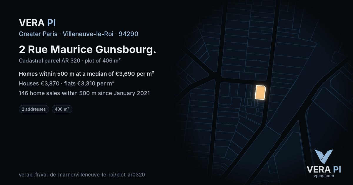 2 Rue Maurice Gunsbourg, Villeneuve-le-Roi at night – the plot lit, the parcels around coloured by the prices near them