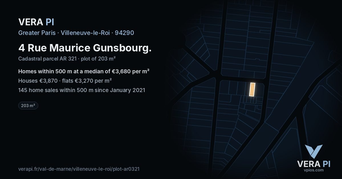 4 Rue Maurice Gunsbourg, Villeneuve-le-Roi at night – the plot lit, the parcels around coloured by the prices near them