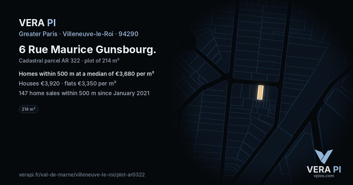 6 Rue Maurice Gunsbourg, Villeneuve-le-Roi at night – the plot lit, the parcels around coloured by the prices near them