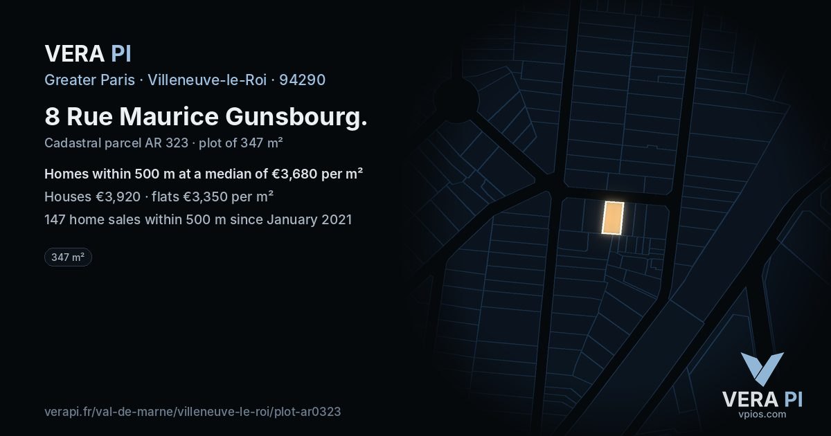 8 Rue Maurice Gunsbourg, Villeneuve-le-Roi at night – the plot lit, the parcels around coloured by the prices near them