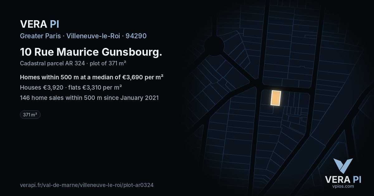 10 Rue Maurice Gunsbourg, Villeneuve-le-Roi at night – the plot lit, the parcels around coloured by the prices near them
